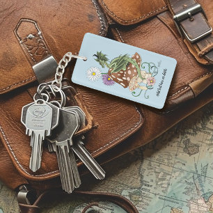Whimsical Green Fantasy Dragon Mushroom Flowers Keychain