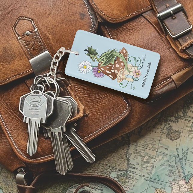 Whimsical Green Fantasy Dragon Mushroom Flowers Keychain (Creator Uploaded)