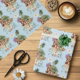 Whimsical Green Fantasy Dragon Mushroom Flowers Wrapping Paper