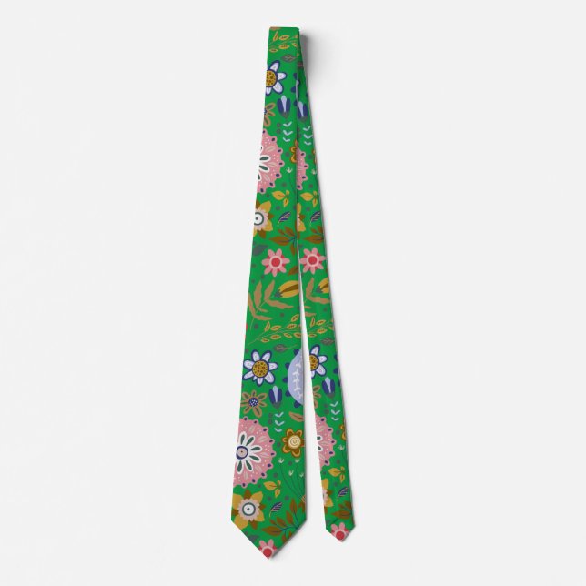 Whimsical Green Folk Art Flowers  Neck Tie (Front)
