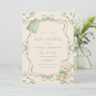 Whimsical Green Frame Beige Vintage Bear  Invitation