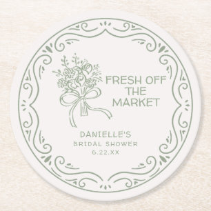 Whimsical Green Fresh Off The Market Bridal Shower Round Paper Coaster