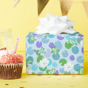 Whimsical Green Frogs and Lily Pads on light blue Wrapping Paper