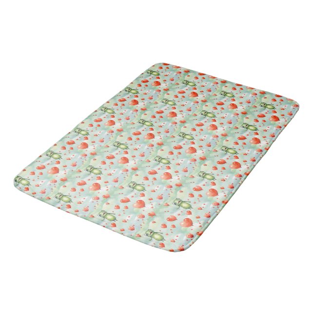 Whimsical green frogs red balloons bath mat (Angled)