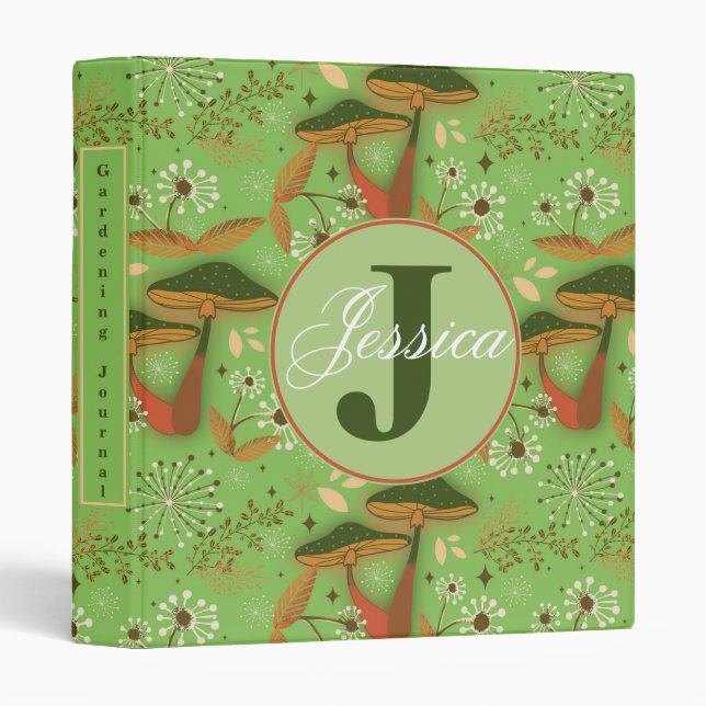 Whimsical Green Garden Mushrooms and Wildflowers D 3 Ring Binder (Front/Spine)