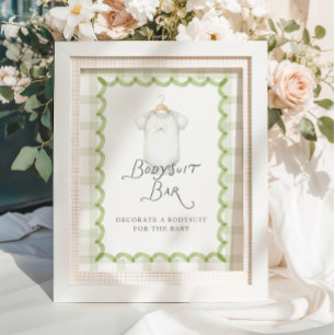 Whimsical Green Gingham Baby Shower Bodysuit Bar Poster