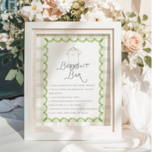 Whimsical Green Gingham Baby Shower Bodysuit Bar Poster