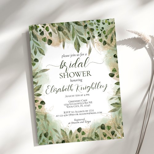 Whimsical Green Gold Greenery Script Bridal Shower Invitation