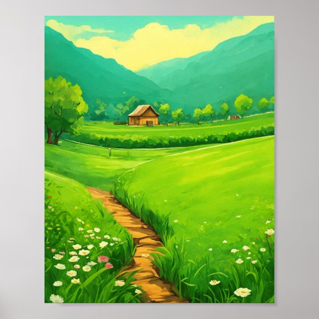 Whimsical Green Grass Field Landscape Painting Poster (Front)