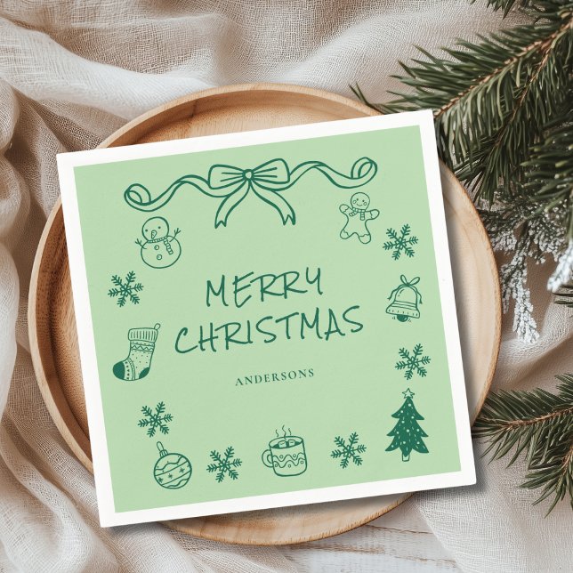 Whimsical  Green Hand Drawn Scribble Christmas  Napkins (Creator Uploaded)