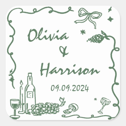 Whimsical Green Hand Drawn Wedding Square Sticker