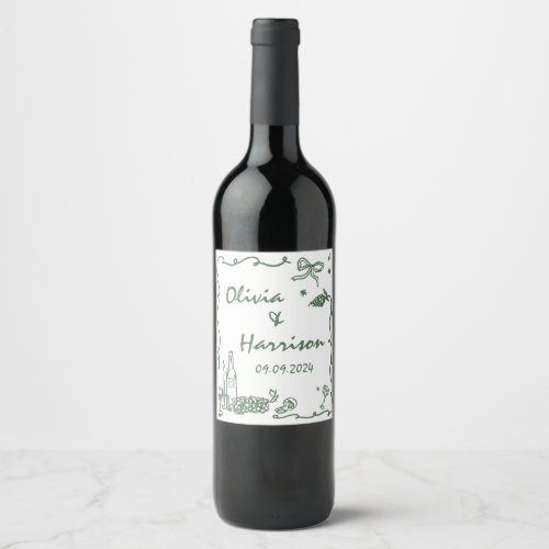 Whimsical Green Hand Drawn Wedding Wine Label