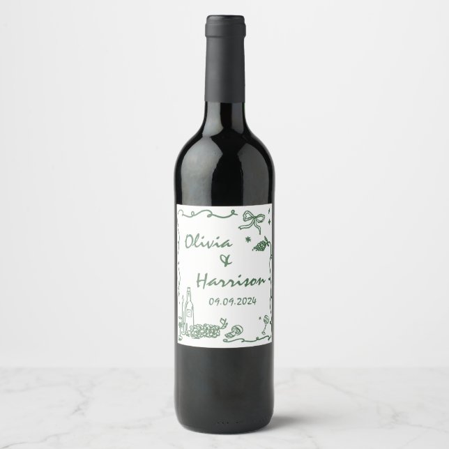 Whimsical Green Hand Drawn Wedding Wine Label (Front)