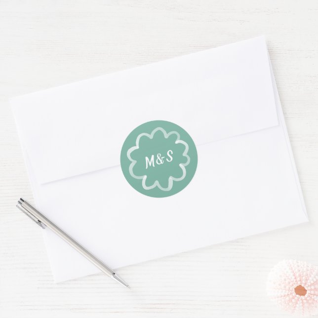 Whimsical Green Hand Drawn White Monogram Classic Round Sticker (Envelope)
