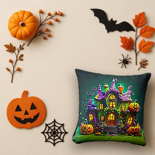 Whimsical Green Haunted House Halloween Throw Pillow (Creator Uploaded)