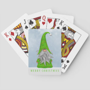 Whimsical Green Holiday Gnome Merry Christmas Poker Cards