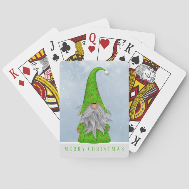 Whimsical Green Holiday Gnome | Merry Christmas Poker Cards (Back)
