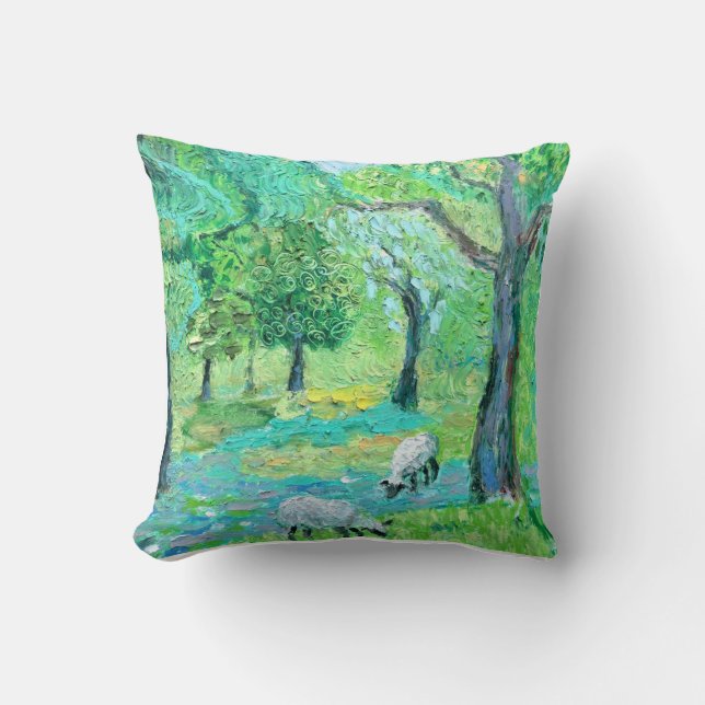 Whimsical Green Meadow Pillow with Grazing Sheep – (Front)