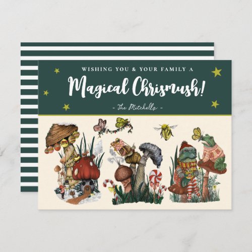 Whimsical Green Merry Mushroom and Frogs Christmas Holiday Card