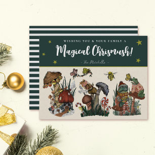 Whimsical Green Merry Mushroom and Frogs Christmas Holiday Card