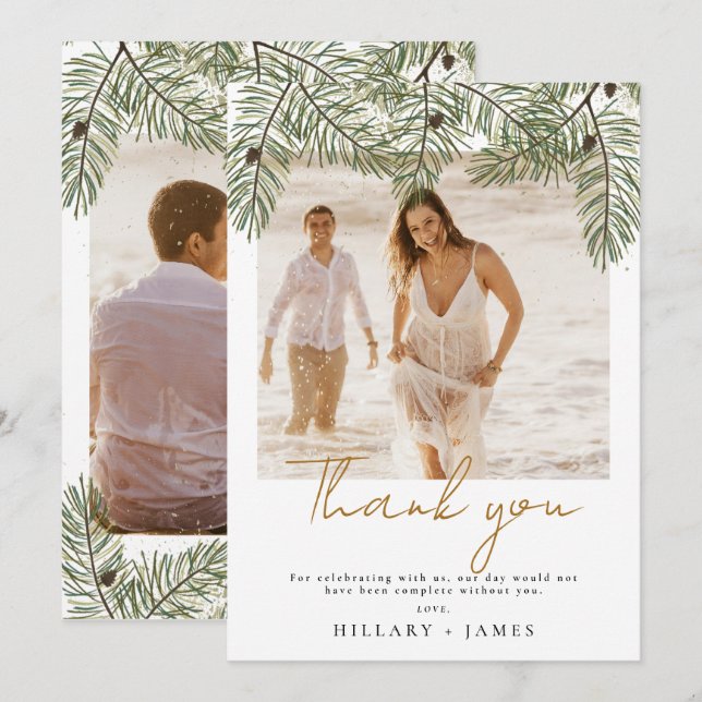 Whimsical Green Pine Photo Wedding Thank you card (Front/Back)