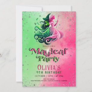 Whimsical Green & Pink Witch birthday Invitation