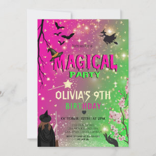 Whimsical Green & Pink Witch girl birthday Invitation