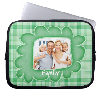 Whimsical Green Plaid Family Photo Laptop Sleeve