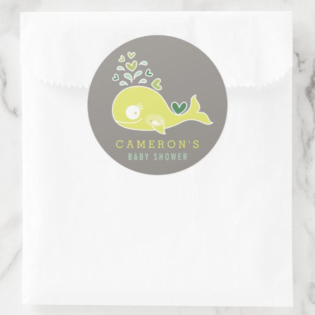 Whimsical Green Pregnant Mommy Whale Baby Shower Classic Round Sticker (Bag)