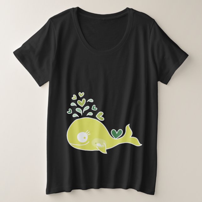 Whimsical Green Pregnant Mommy Whale With Baby Plus Size T-Shirt (Design Front)