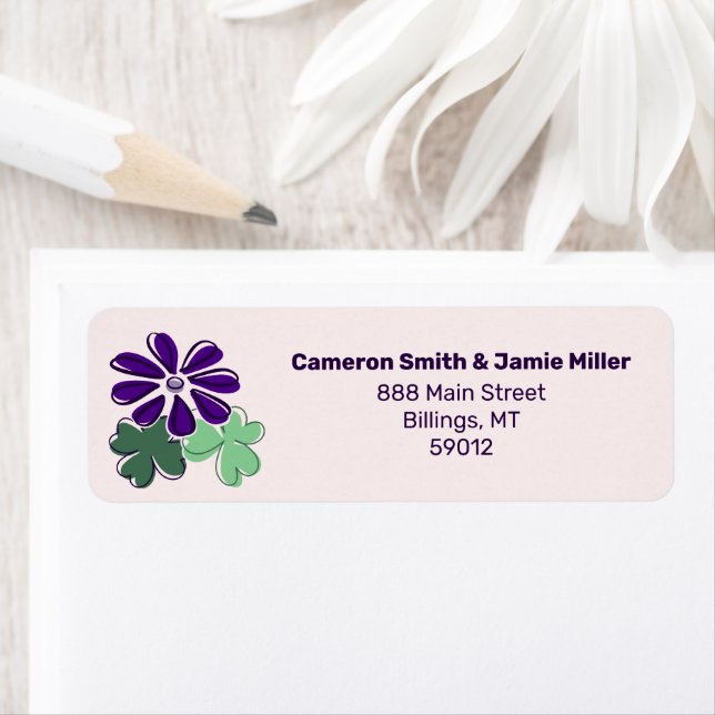 Whimsical Green & Purple Flower Return Address Label (Insitu)