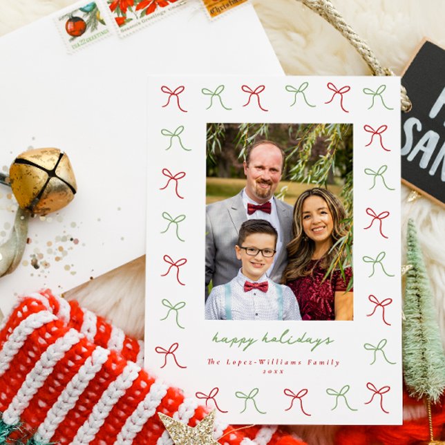 Whimsical Green & Red Hand Drawn Bows Frame Photo Holiday Card (Creator Uploaded)