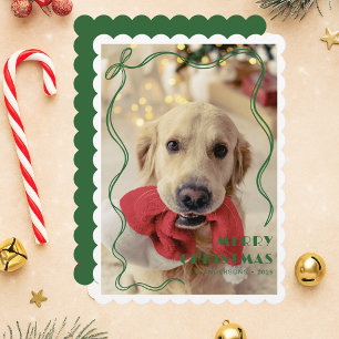 Whimsical Green Ribbon Pet Photo Merry Christmas Holiday Card