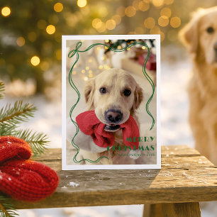 Whimsical Green Ribbon Pet Photo Merry Christmas Holiday Card