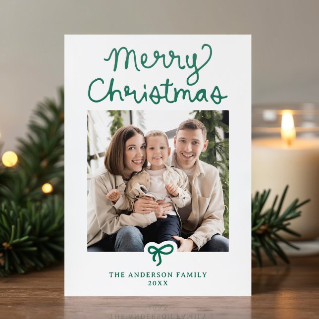 Whimsical Green Script Bow Merry Christmas Letterpress Photo Cards (Creator Uploaded)