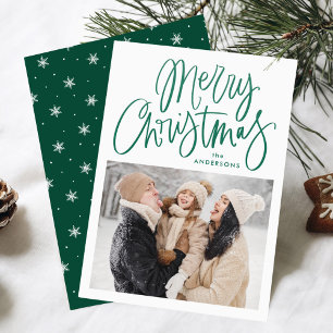 Whimsical Green Script Merry Christmas Letterpress Photo Cards