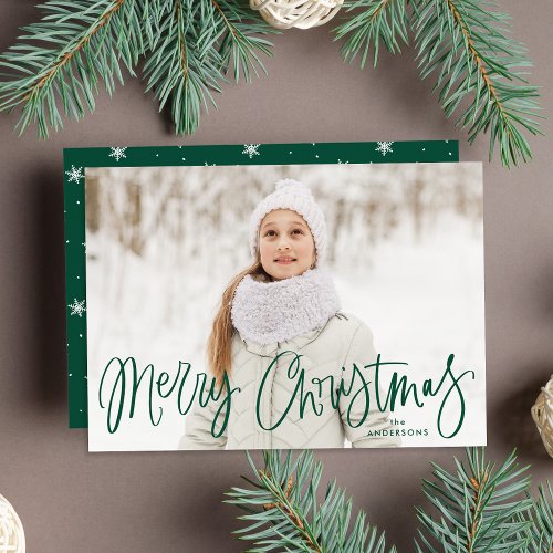 Whimsical Green Script Merry Christmas Photo Holiday Card