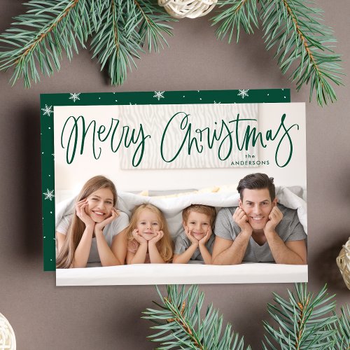 Whimsical Green Script Merry Christmas Photo Holiday Card