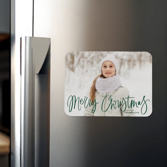 Whimsical Green Script Merry Christmas Photo Magnet (Creator Uploaded)