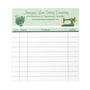Whimsical Green Sewing Machine sales receipt Notepad