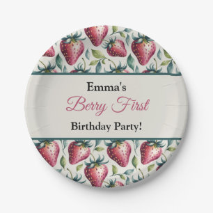 Whimsical Green Strawberry Birthday Name Paper Plates