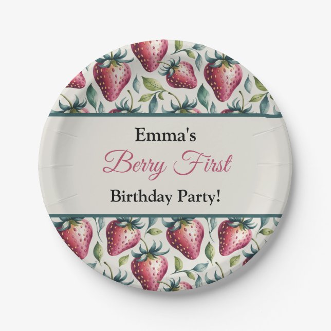 Whimsical Green Strawberry Birthday Name Paper Plates (Front)
