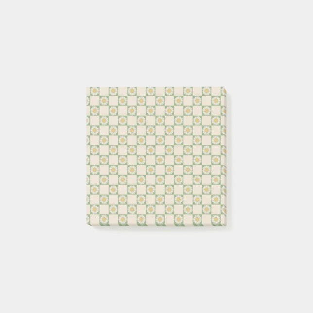 Whimsical Green Sunflower Checkered Retro Botanica Post-it Notes (Front)