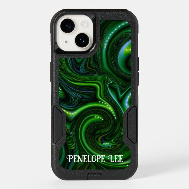 Whimsical Green Swirly Abstract with Your Name  Otterbox iPhone Case (Back)