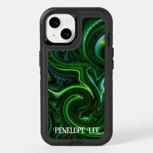 Whimsical Green Swirly Abstract with Your Name  OtterBox iPhone 14 Case