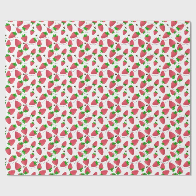 Whimsical Green Topped Strawberries Bees Wrapping Paper (Flat)