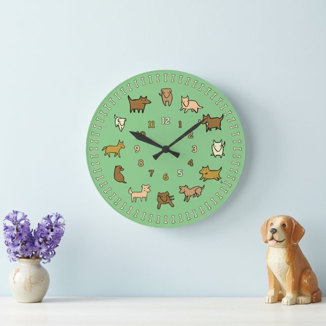 Whimsical Green Wall Clock for Dog Lovers (Whimsical cartoon dogs wall clock.)