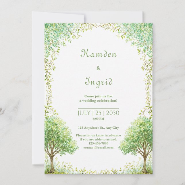 Whimsical Green Watercolor Tree Arch Wedding Invitation (Front)