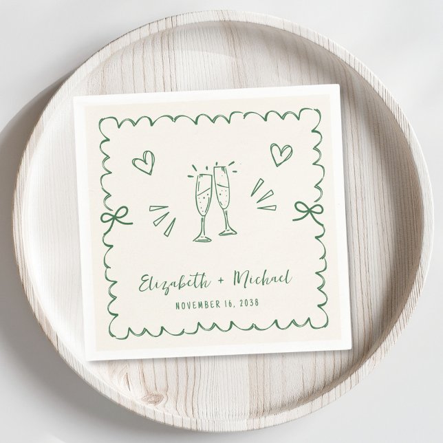 Whimsical Green Wavy Frame Cream Wedding Napkins (Creator Uploaded)