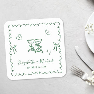 Whimsical Green Wavy Frame Wedding Square Paper Coaster